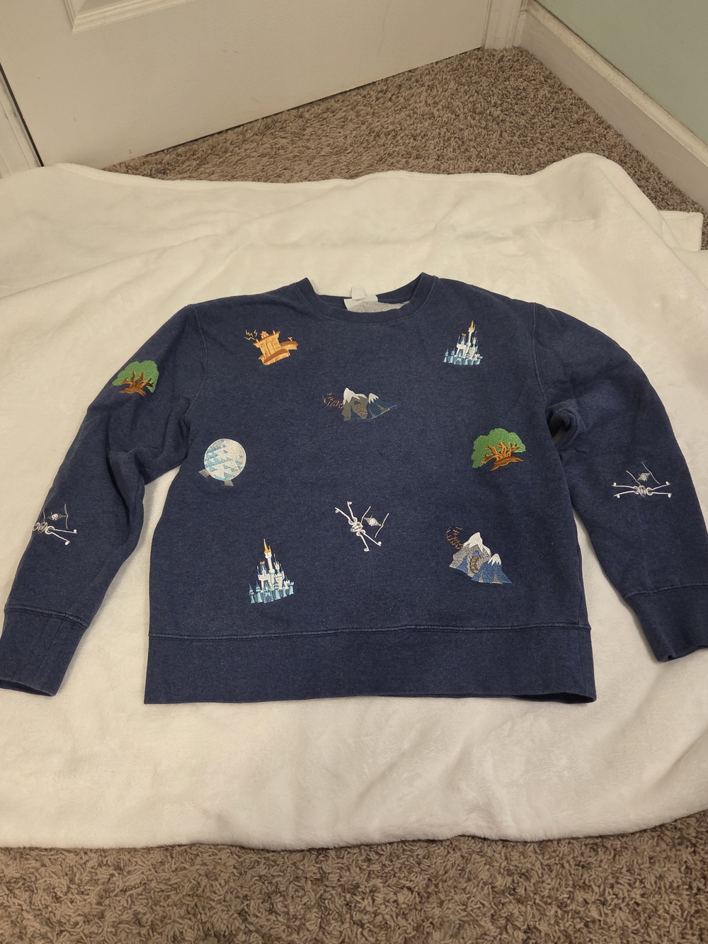 Disney Navy Pullover Sweatshirt with Colorful Embroidered Disney Icons